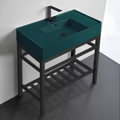 Green Console Sink With Matte Black Base, Modern, 32 Inch Scarabeo 5123-55-CON2-BLK
